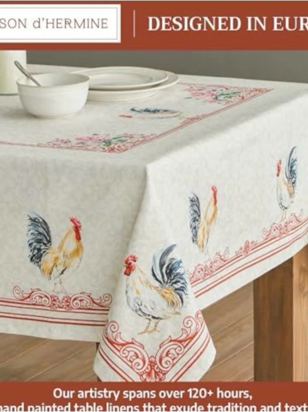 Rooster Print Farmhouse Tablecloth in Cream & Multi
